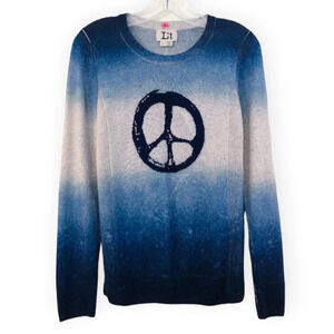 L+t 100% Cashmere Blue Peace Sign Ombre Crew Neck Tight Knit Sweater Women's S